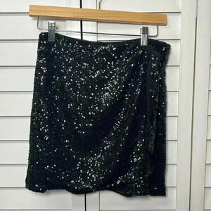 House of Harlow 1960 Sequin Faux Wrap Tie Front Mini Skirt Size S/M Black